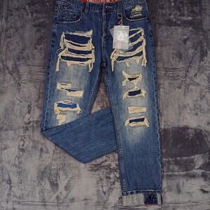 NWT Smugglers Moon Jean Men 34x32 Blue Distressed Ripped Button Fly Skull‎ Patch